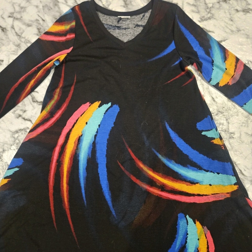 LuLaRoe Emily Dress XS Black Multicolor‎ Rainbow Striped Long Sleeve Swing Dress